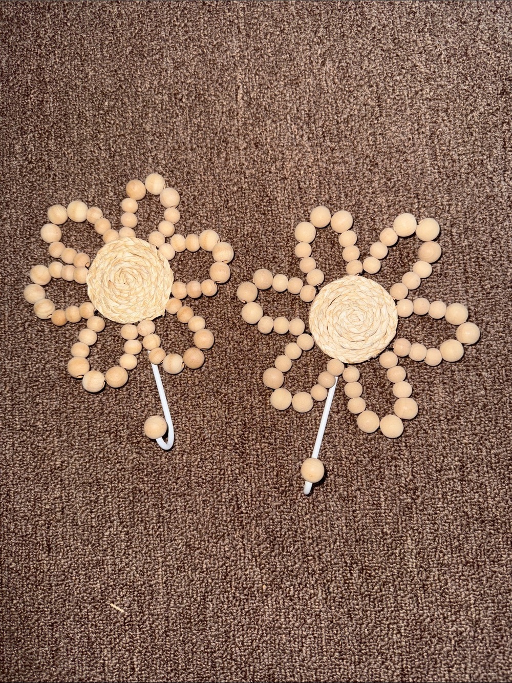 Natural Wood Bead Boho Flower Wall Hooks - Set of 2